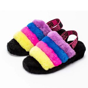 UGG Rainbow Fluff Plush Yeah Slide Slippers Size 7 NEW